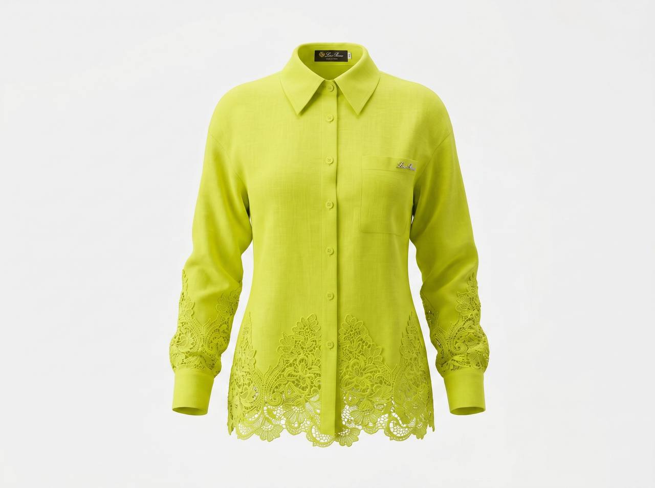 💚 Loro Piana Lime Green Linen Lace Full Set – Shirt & Wide-Leg Pants ✨
