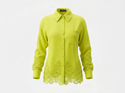 💚 Loro Piana Lime Green Linen Lace Full Set – Shirt & Wide-Leg Pants ✨