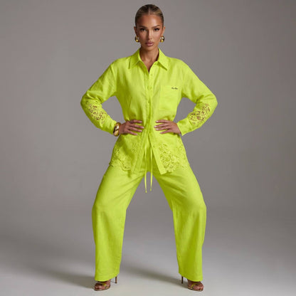 💚 Loro Piana Lime Green Linen Lace Full Set – Shirt & Wide-Leg Pants ✨