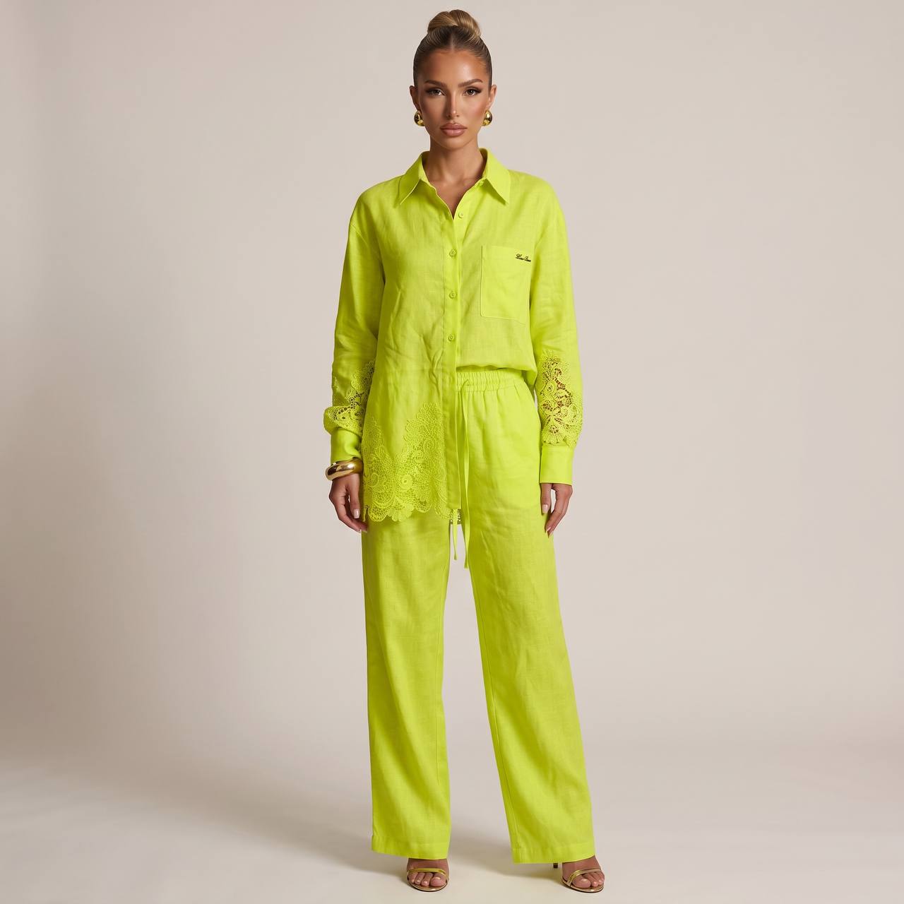 💚 Loro Piana Lime Green Linen Lace Full Set – Shirt & Wide-Leg Pants ✨