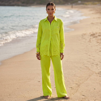 💚 Loro Piana Lime Green Linen Lace Full Set – Shirt & Wide-Leg Pants ✨