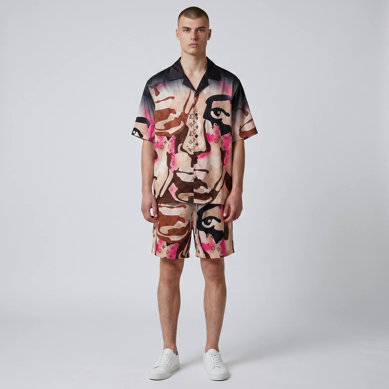 🎨 Louis Vuitton Artistic Face Print Set – Statement Summer Co-Ord 🔥🩳