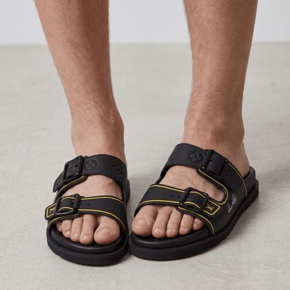 Louis Vuitton Black & Gold Double Buckle Luxury Slides