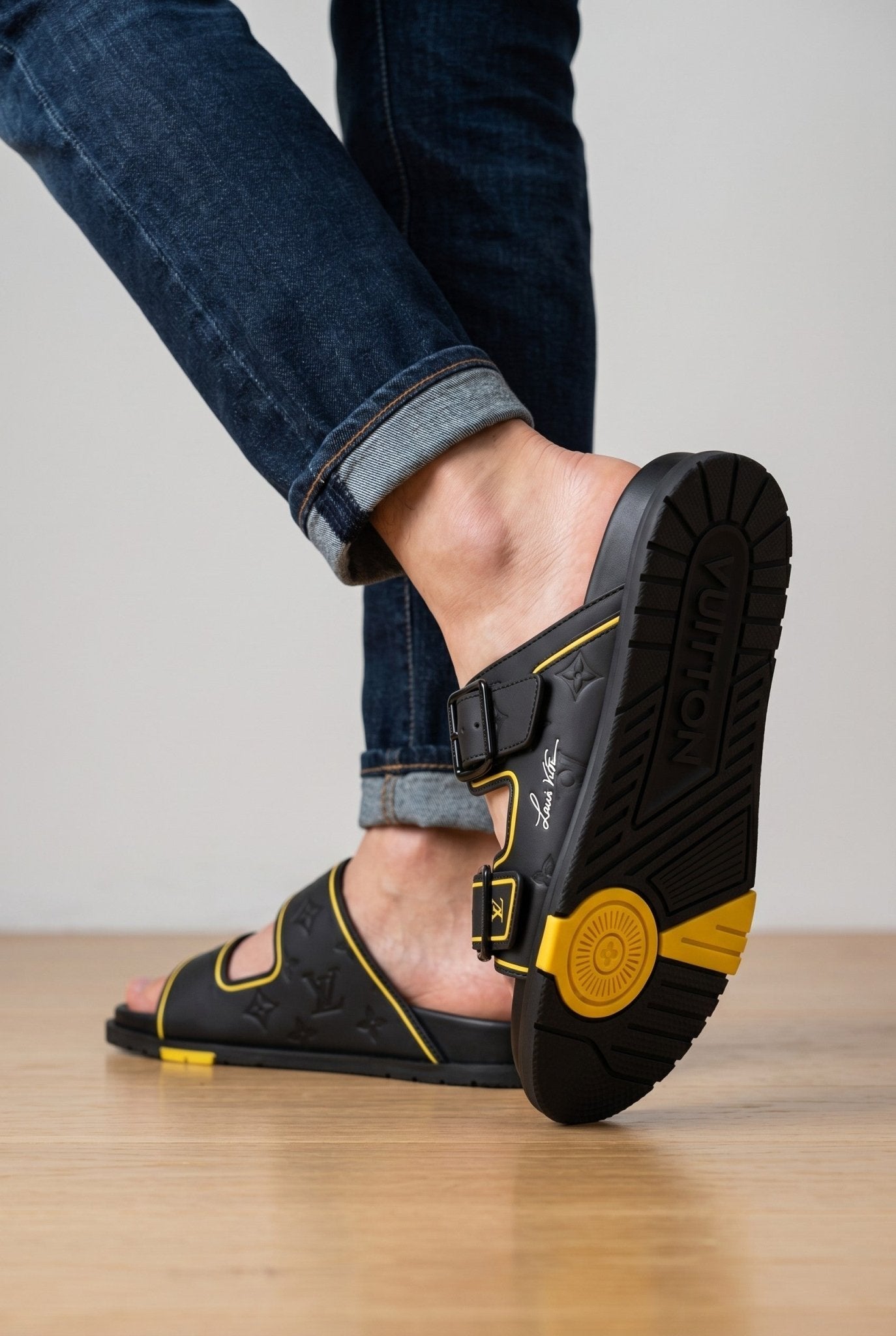 Louis Vuitton Black & Gold Double Buckle Luxury Slides