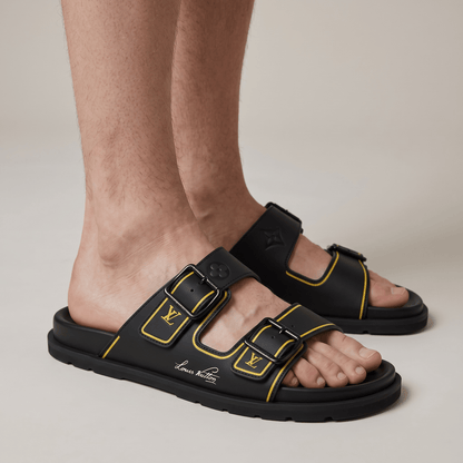 Louis Vuitton Black & Gold Double Buckle Luxury Slides