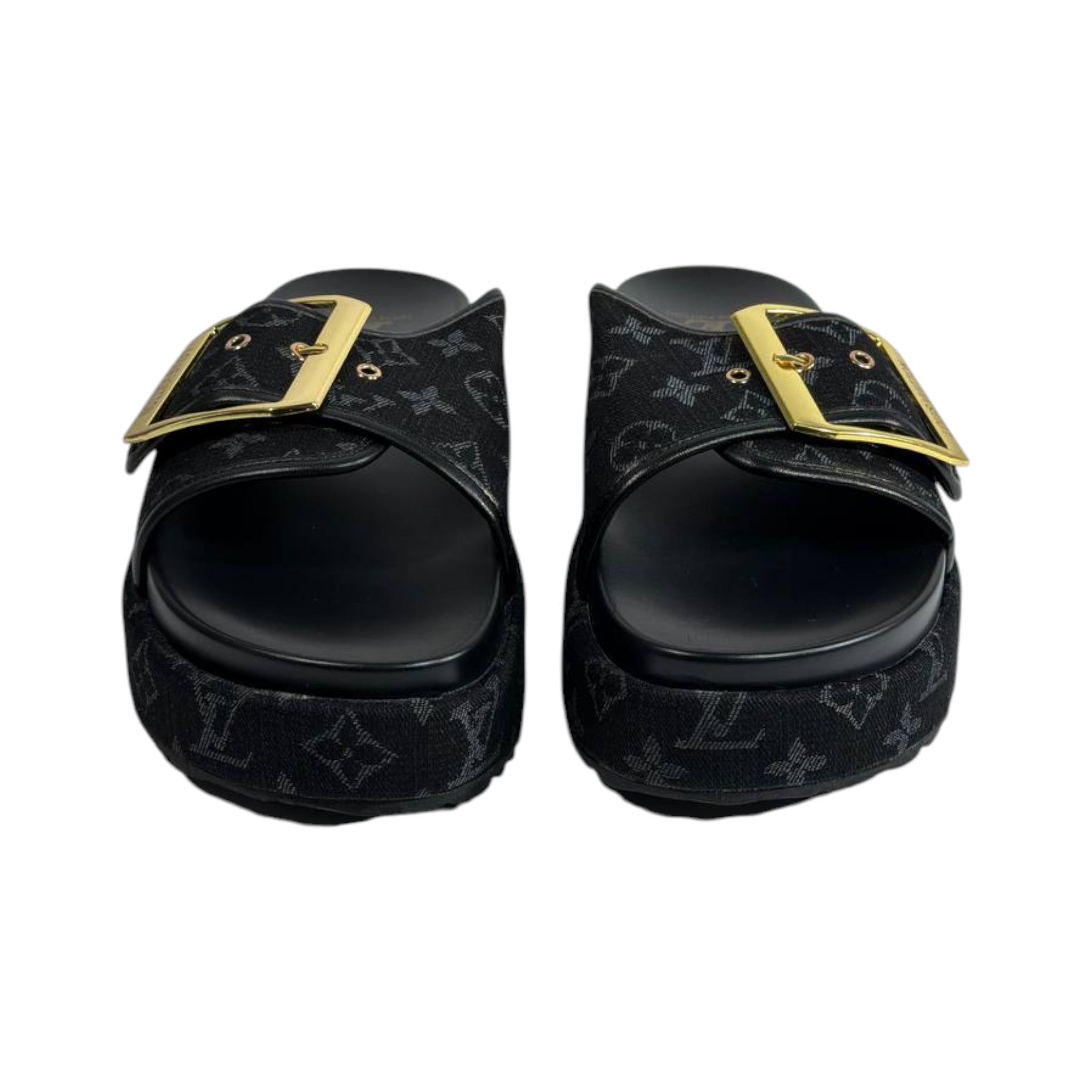 Louis Vuitton Black Monogram Buckle Slides – Luxury Platform Sandals 🖤✨