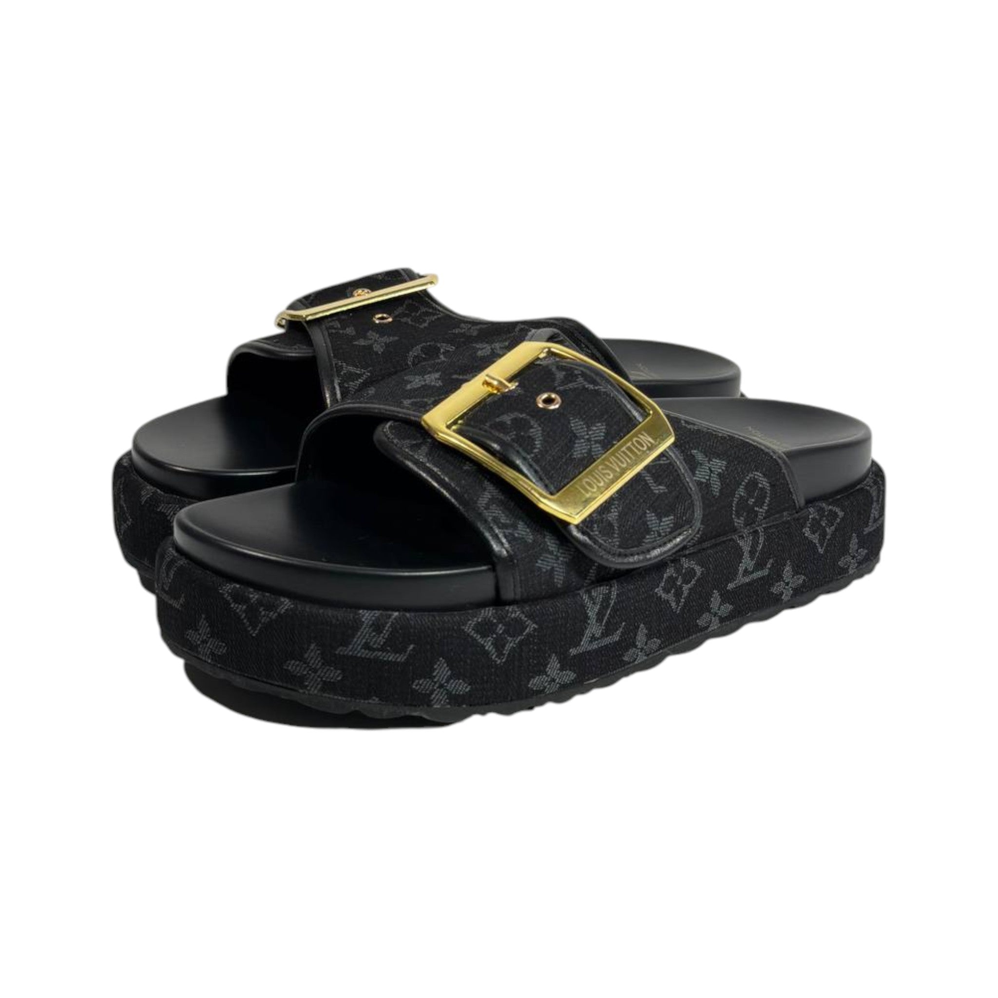 Louis Vuitton Black Monogram Buckle Slides – Luxury Platform Sandals 🖤✨