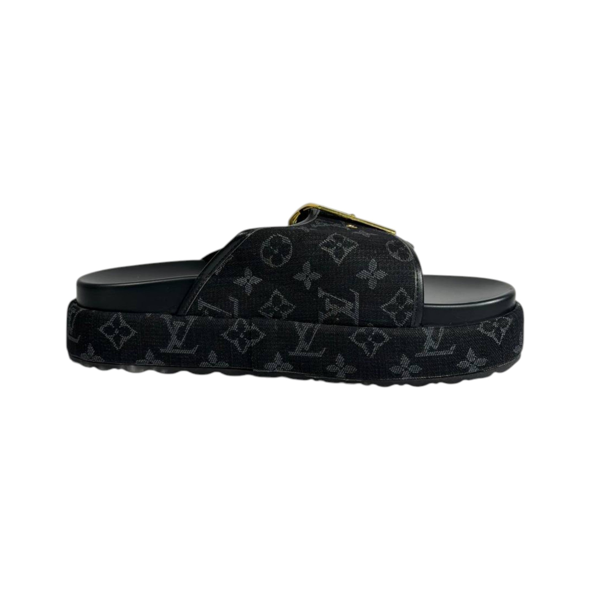 Louis Vuitton Black Monogram Buckle Slides – Luxury Platform Sandals 🖤✨