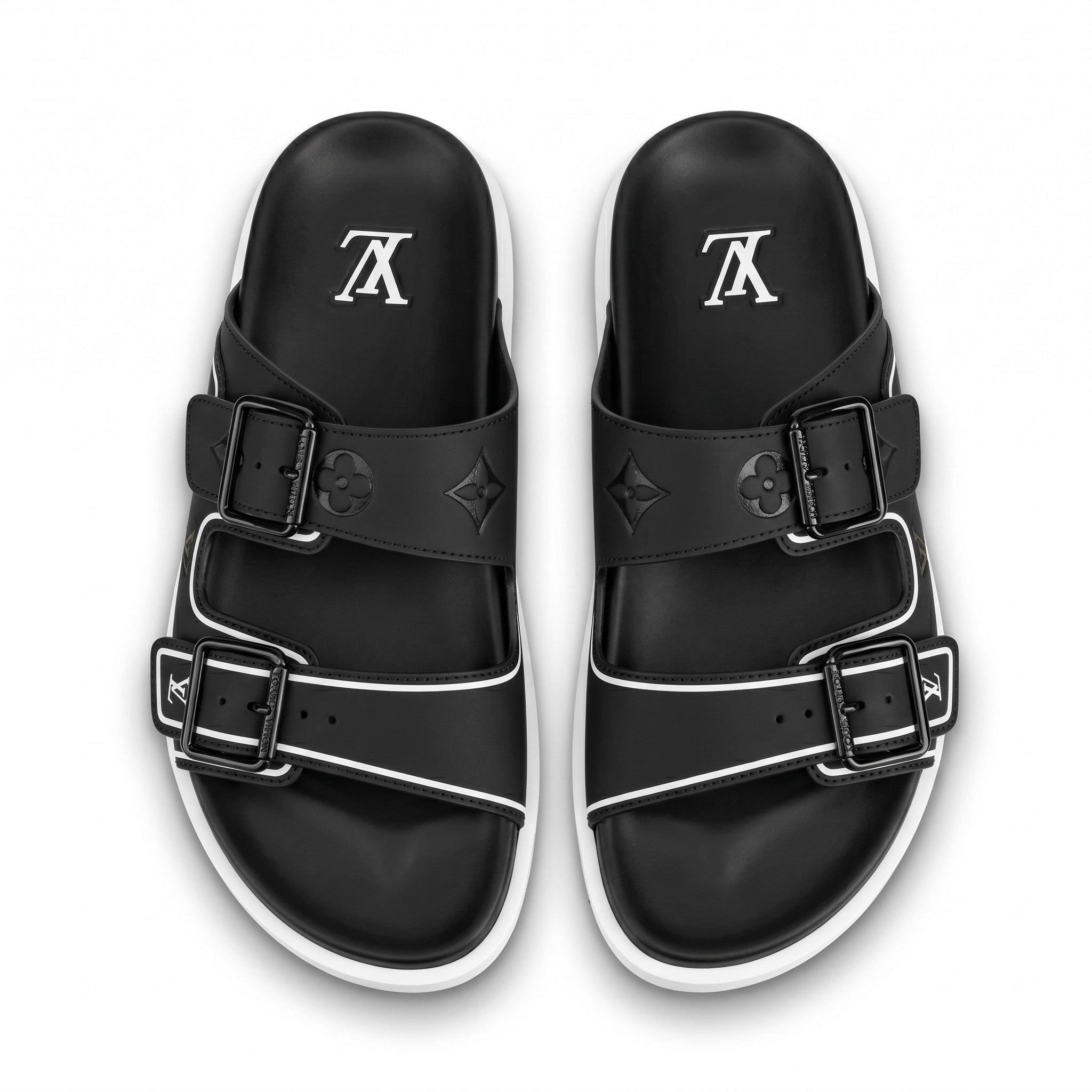 Louis Vuitton Black Monogram Double Buckle Slides