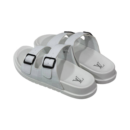 🤍 Louis Vuitton Damier Azur Double-Buckle Slides – Clean Luxury, Timeless Style