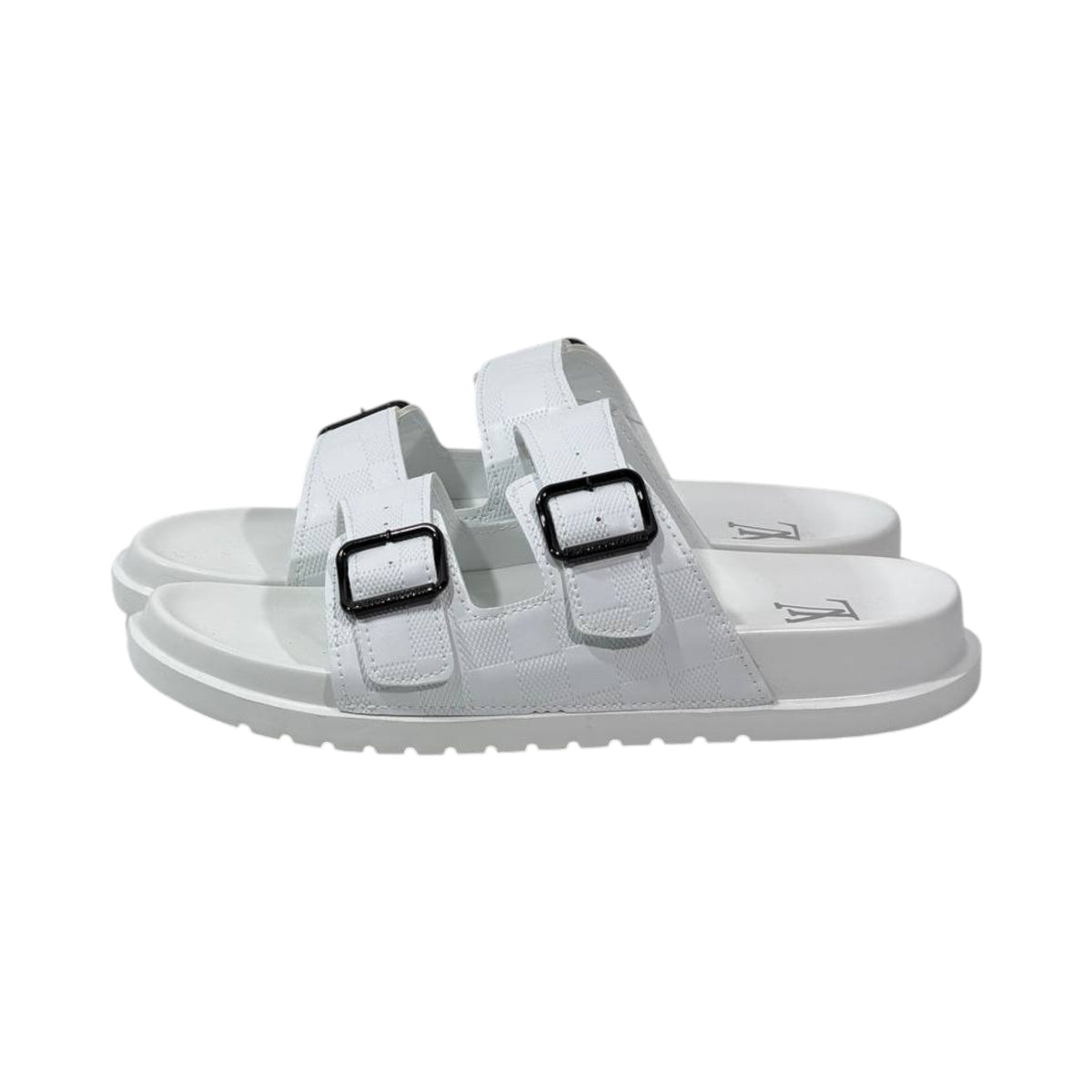 🤍 Louis Vuitton Damier Azur Double-Buckle Slides – Clean Luxury, Timeless Style