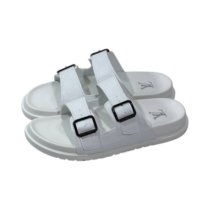 🤍 Louis Vuitton Damier Azur Double-Buckle Slides – Clean Luxury, Timeless Style
