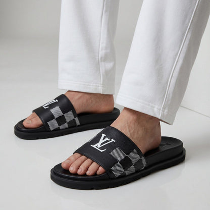 🖤🤍 Louis Vuitton Damier Logo Slide Sandals | Premium Designer Comfort 👣