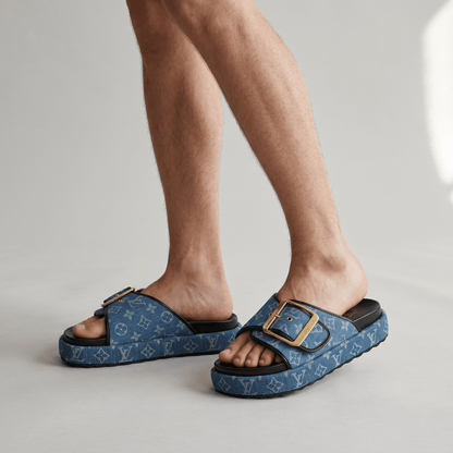 Louis Vuitton Denim Buckle Slides – Luxury Platform Summer Sandals 💙✨