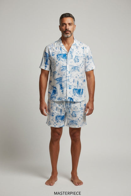 Louis Vuitton Inspired Beach Resort Co-Ord Set for Men – Luxury Monogram Printed Summer Shirt & Shorts Outfit 🌊✨