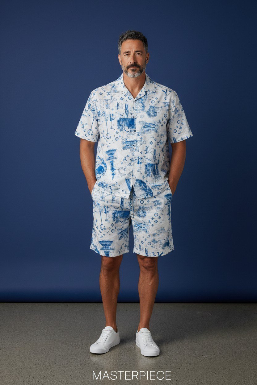Louis Vuitton Inspired Beach Resort Co-Ord Set for Men – Luxury Monogram Printed Summer Shirt & Shorts Outfit 🌊✨