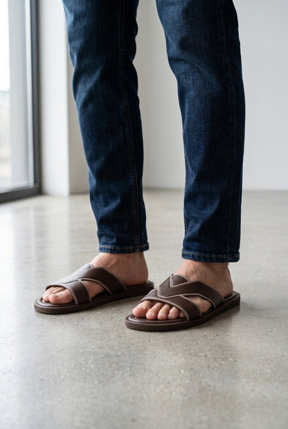 Louis Vuitton LV Cross Strap Leather Slides – Brown