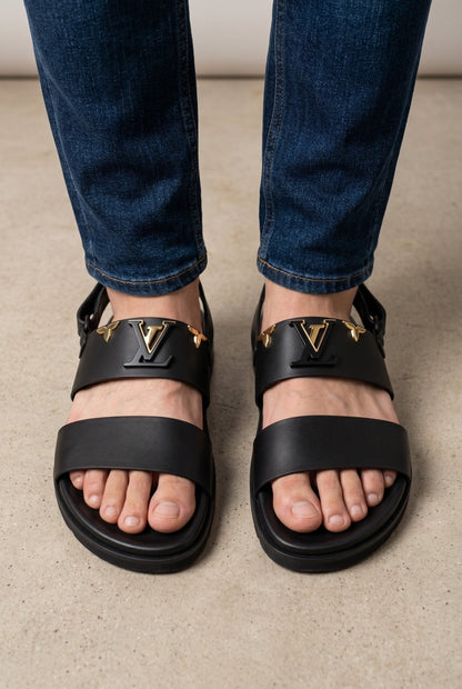 Louis Vuitton LV Monogram Buckle Leather Sandals – Black