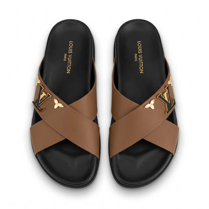 Louis Vuitton Monogram Cross-Strap Slides – Camel Brown