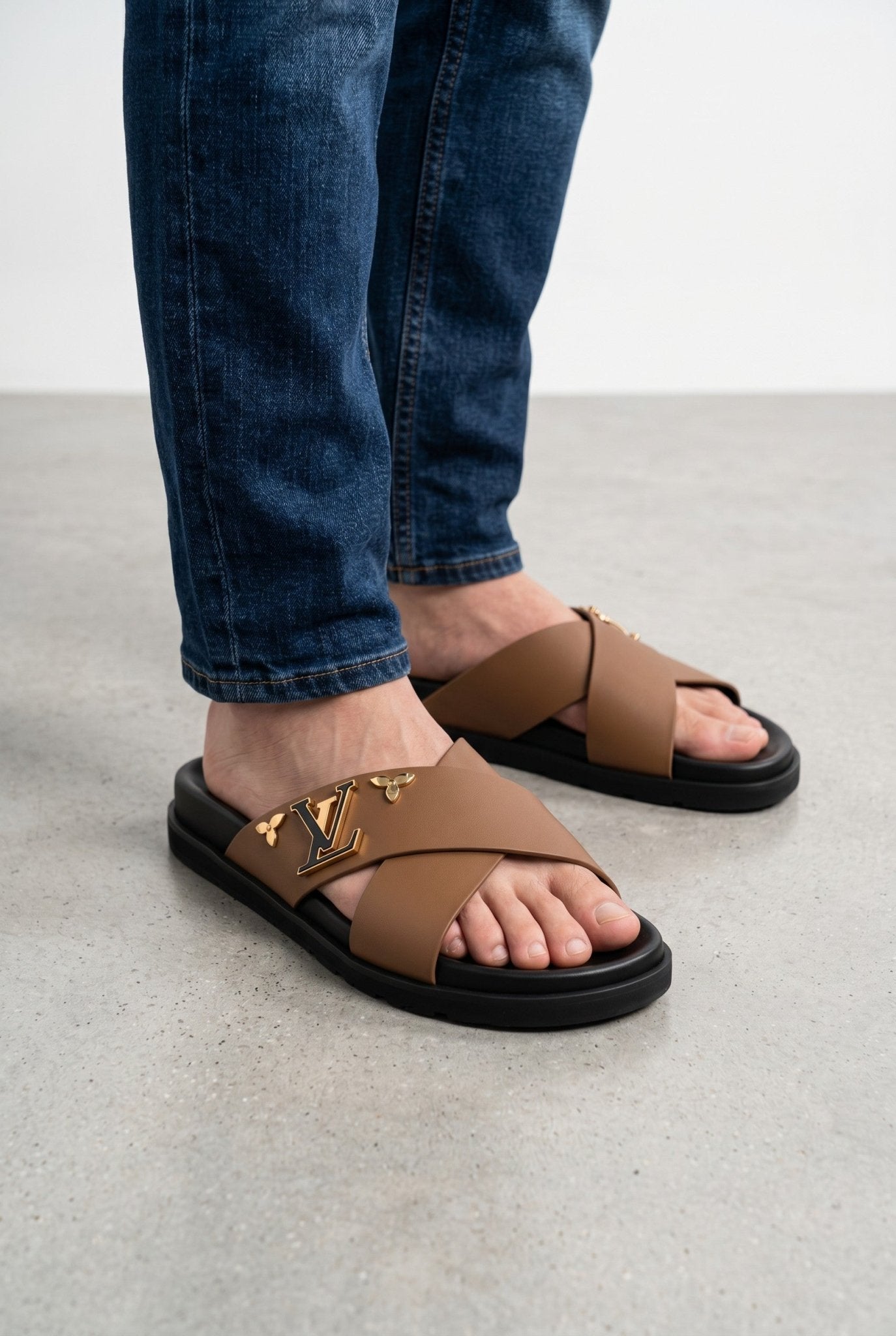 Louis Vuitton Monogram Cross-Strap Slides – Camel Brown
