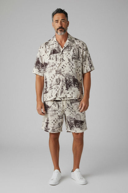 Louis Vuitton Monogram Resort Co-Ord Set for Men – Premium Printed Shirt & Shorts Summer Outfit ✨