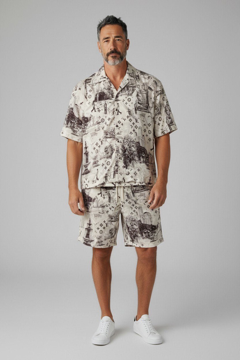 Louis Vuitton Monogram Resort Co-Ord Set for Men – Premium Printed Shirt & Shorts Summer Outfit ✨