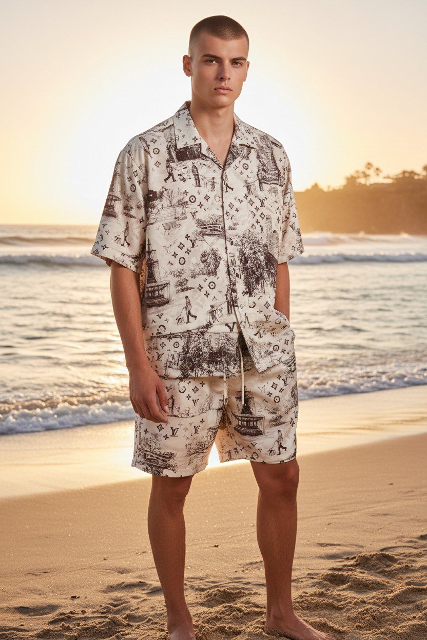 Louis Vuitton Monogram Resort Co-Ord Set for Men – Premium Printed Shirt & Shorts Summer Outfit ✨