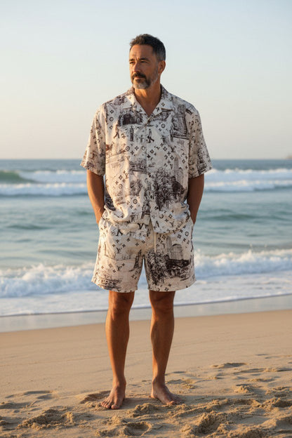 Louis Vuitton Monogram Resort Co-Ord Set for Men – Premium Printed Shirt & Shorts Summer Outfit ✨