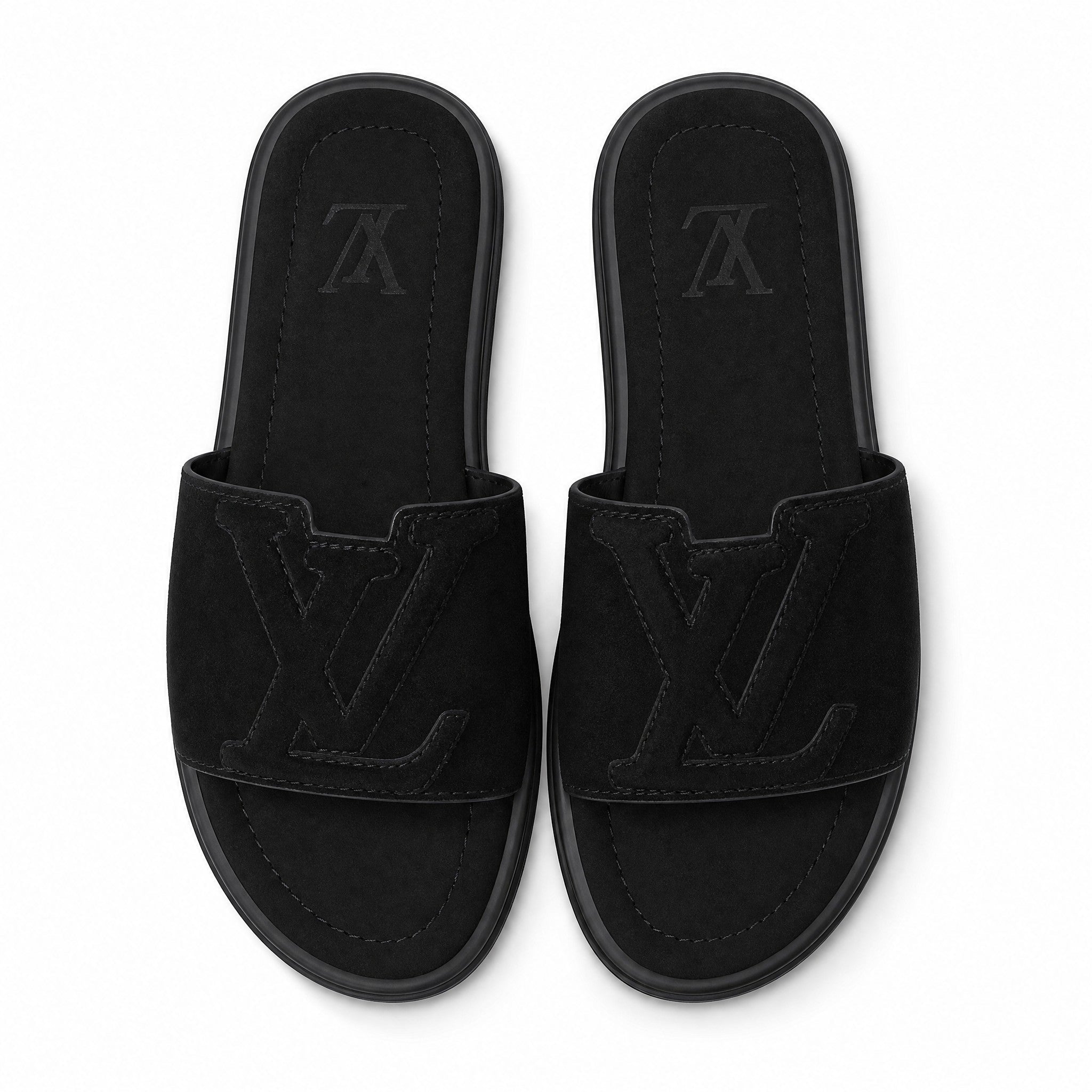 Louis Vuitton Monogram Suede Slides – All Black