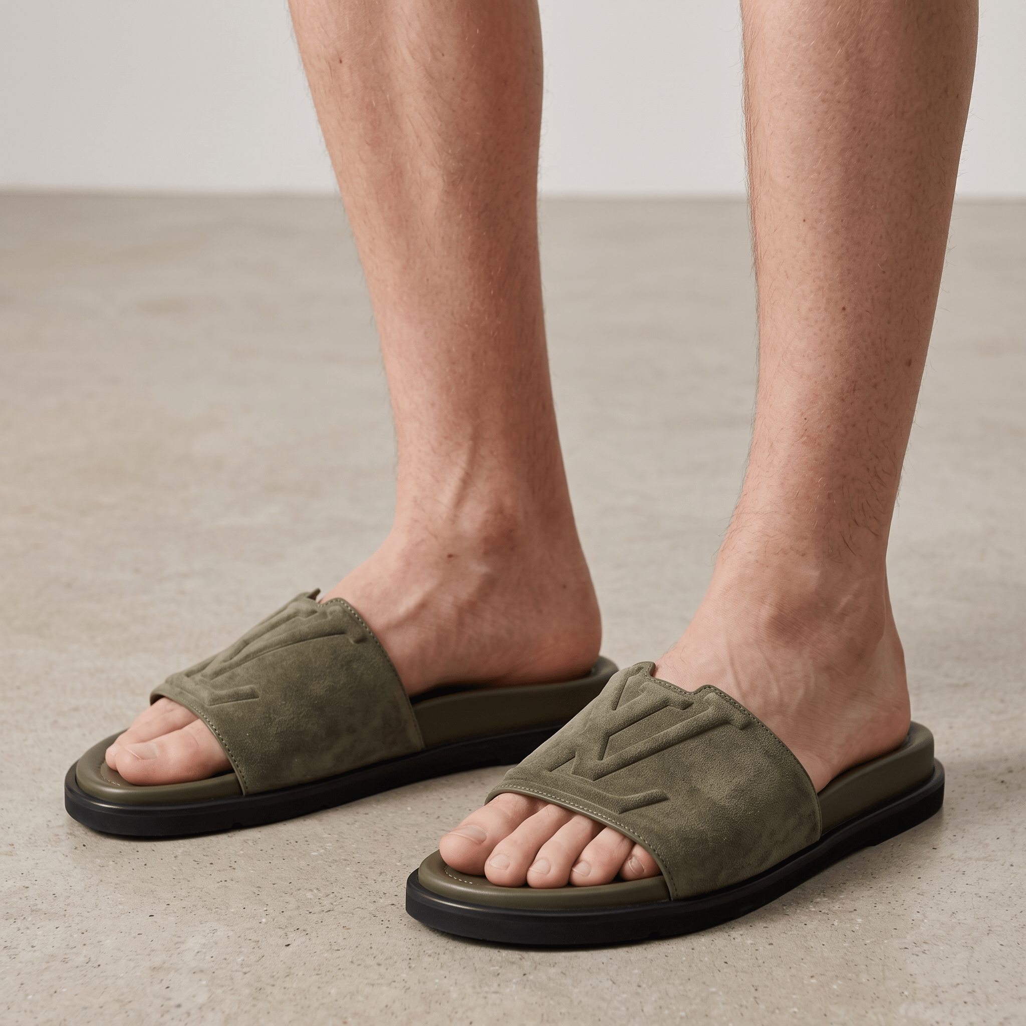 Louis Vuitton Monogram Suede Slides – Olive Green