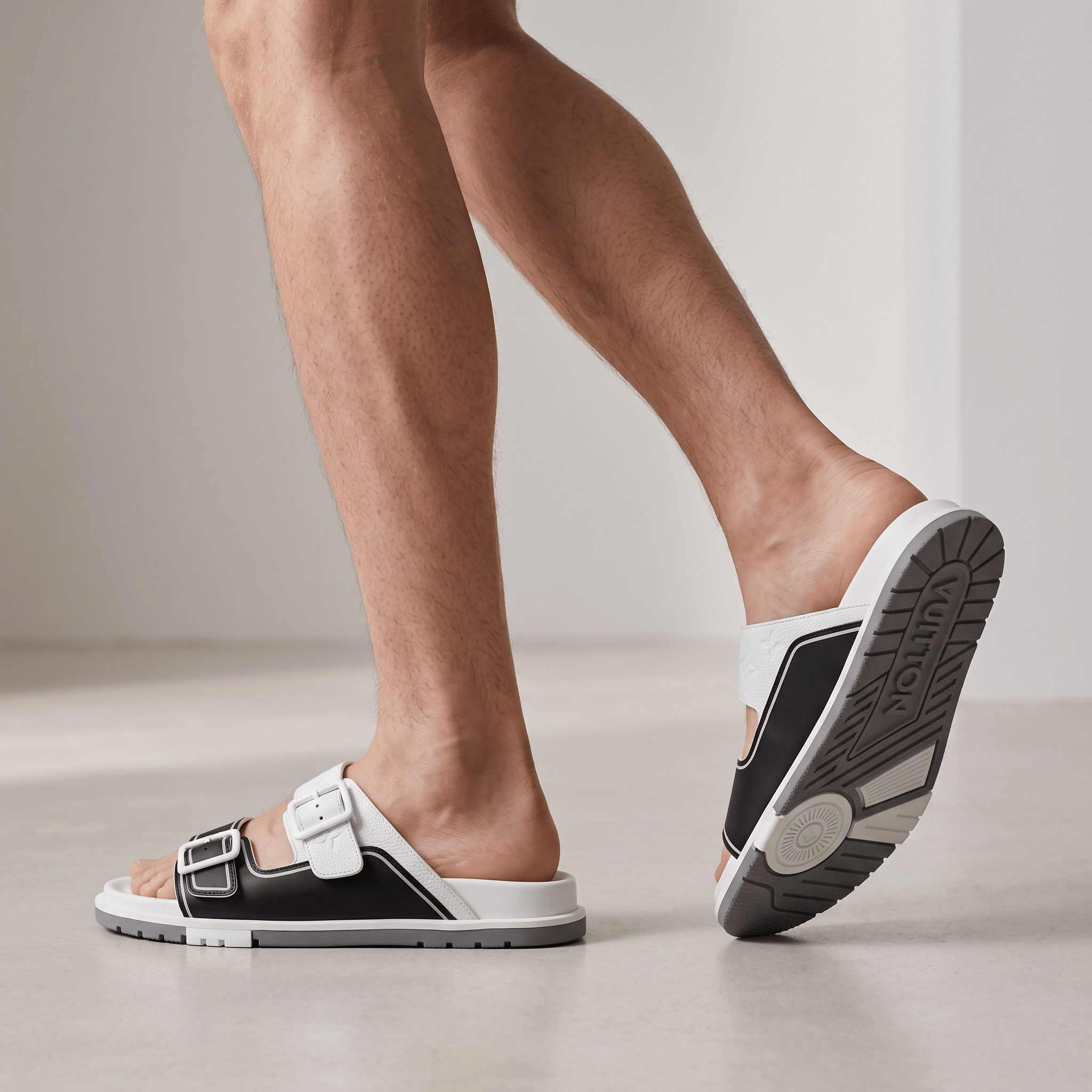 Louis Vuitton White & Black Double Buckle Luxury Slides
