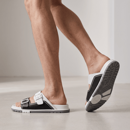 Louis Vuitton White & Black Double Buckle Luxury Slides