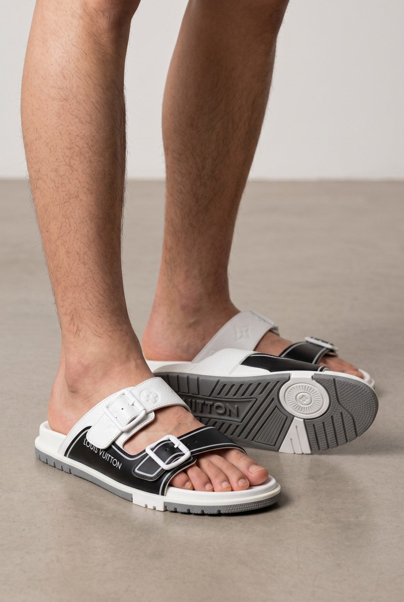 Louis Vuitton White & Black Double Buckle Luxury Slides