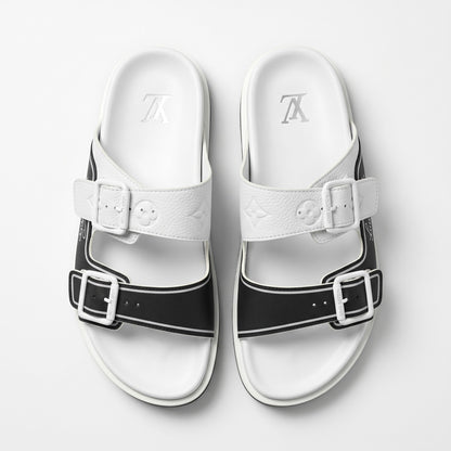 Louis Vuitton White & Black Double Buckle Luxury Slides