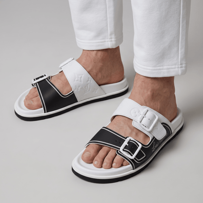 Louis Vuitton White & Black Double Buckle Luxury Slides