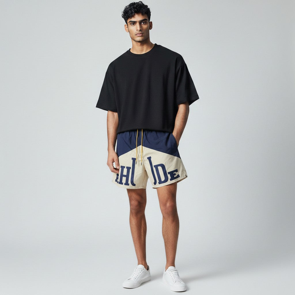 Rhude Panel Logo Swim Shorts – Navy & Cream
