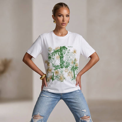 🤍 Max Mara White Botanical Graphic T-Shirt – Green & Gold Floral Tee 🌿✨
