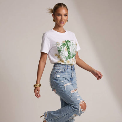 🤍 Max Mara White Botanical Graphic T-Shirt – Green & Gold Floral Tee 🌿✨