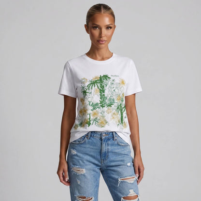 🤍 Max Mara White Botanical Graphic T-Shirt – Green & Gold Floral Tee 🌿✨