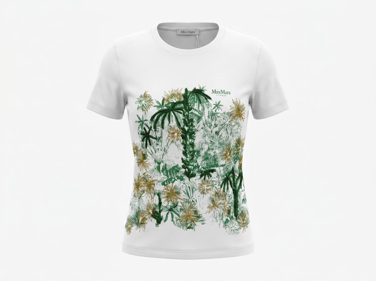 🤍 Max Mara White Botanical Graphic T-Shirt – Green & Gold Floral Tee 🌿✨