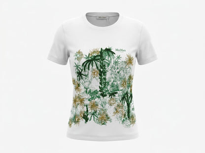 🤍 Max Mara White Botanical Graphic T-Shirt – Green & Gold Floral Tee 🌿✨