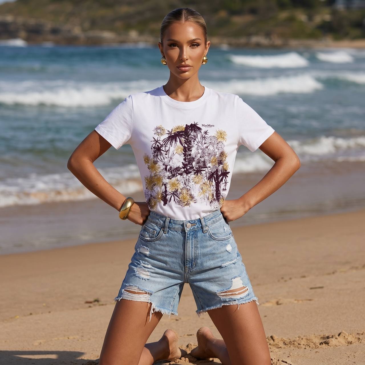 🤍 Max Mara White Floral Graphic T-Shirt – Elegant Casual Tee ✨