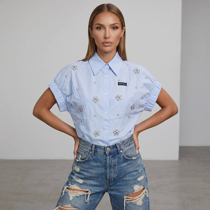 Miu Miu Baby Blue Crystal Flower Embellished Shirt 🩵✨