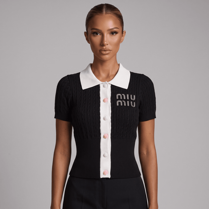 🖤 Miu Miu Cable Knit Contrast Collar Polo Top (one size)