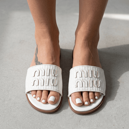 Miu Miu Embroidered Logo Slide Sandals – Elegant Summer Comfort 🤍