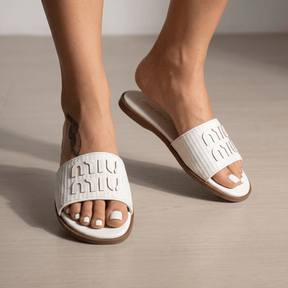 Miu Miu Embroidered Logo Slide Sandals – Elegant Summer Comfort 🤍