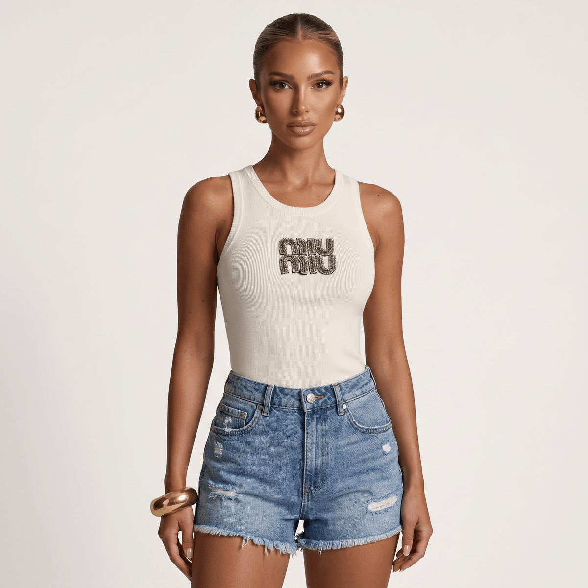 Miu Miu Ribbed Logo Tank Top — Ivory
