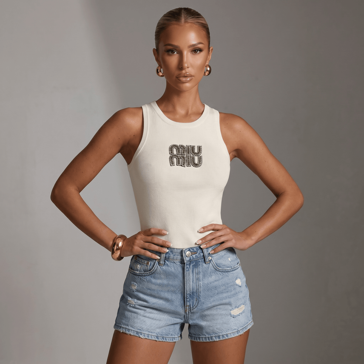Miu Miu Ribbed Logo Tank Top — Ivory