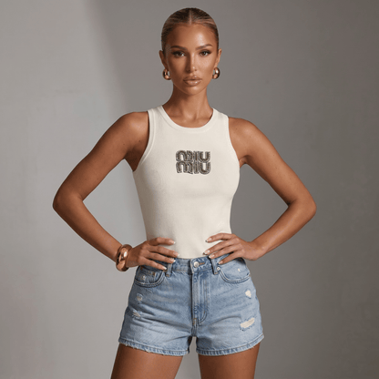 Miu Miu Ribbed Logo Tank Top — Ivory