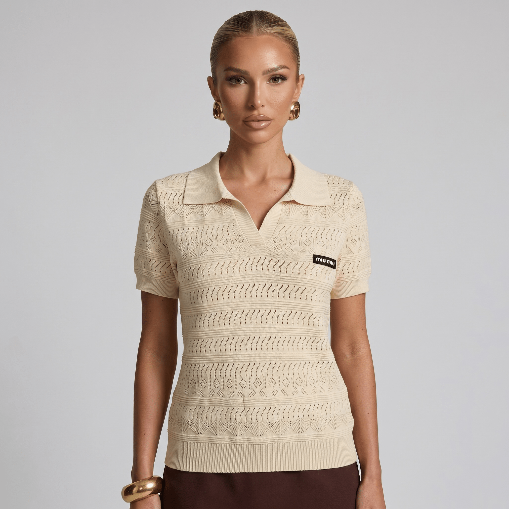 ✨ Miu Miu Pointelle Knit Polo Top – Ivory (one size)